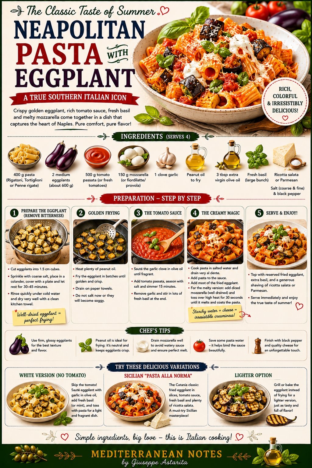 Pasta con melanzane infographic — ingredients and step-by-step preparation