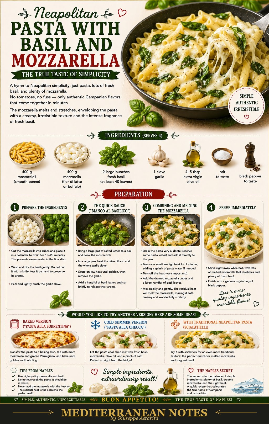 Pasta con mozzarella e basilico infographic — ingredients and preparation