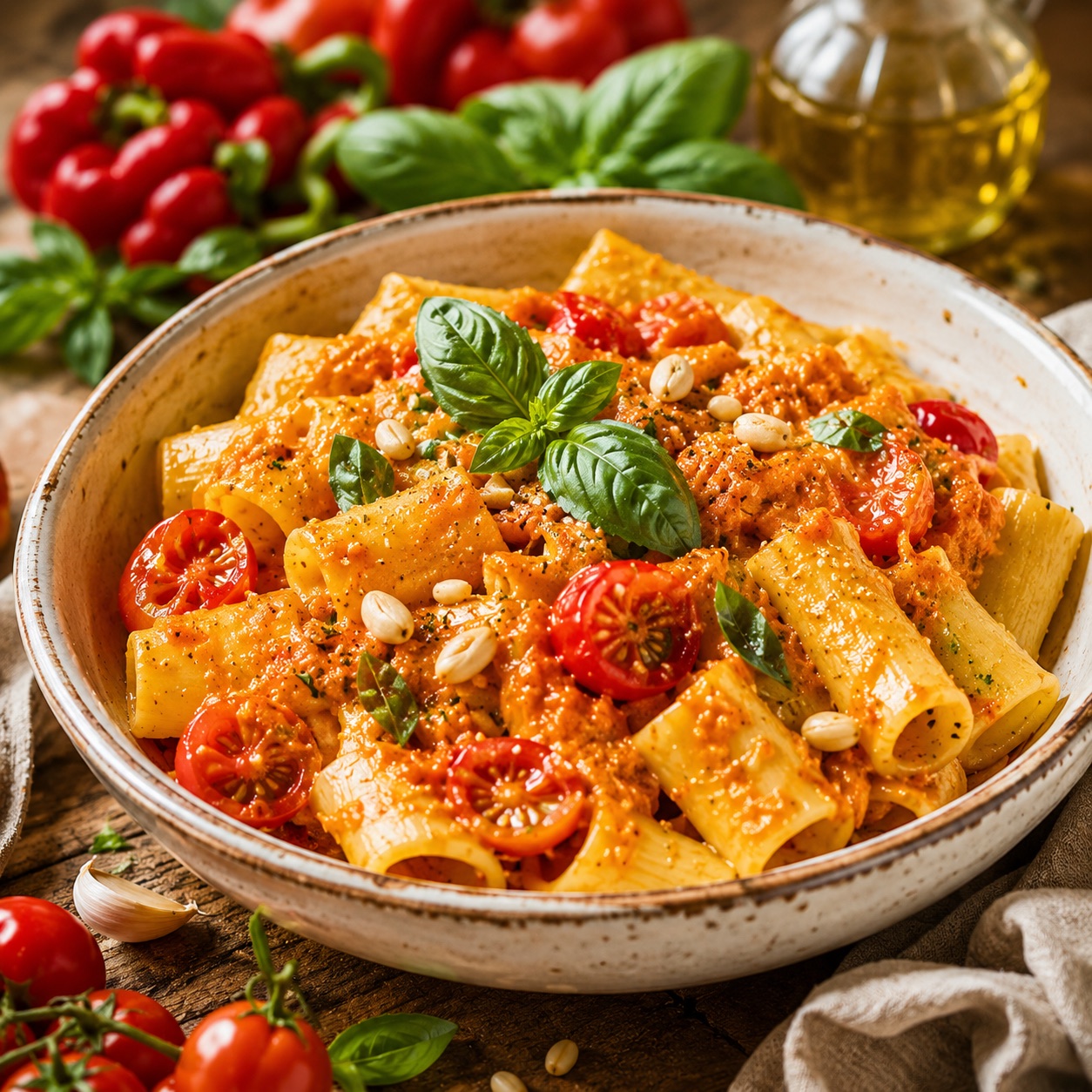 Rigatoni with raw pepper summer sauce, cherry tomatoes, pine nuts and basil in a ceramic bowl