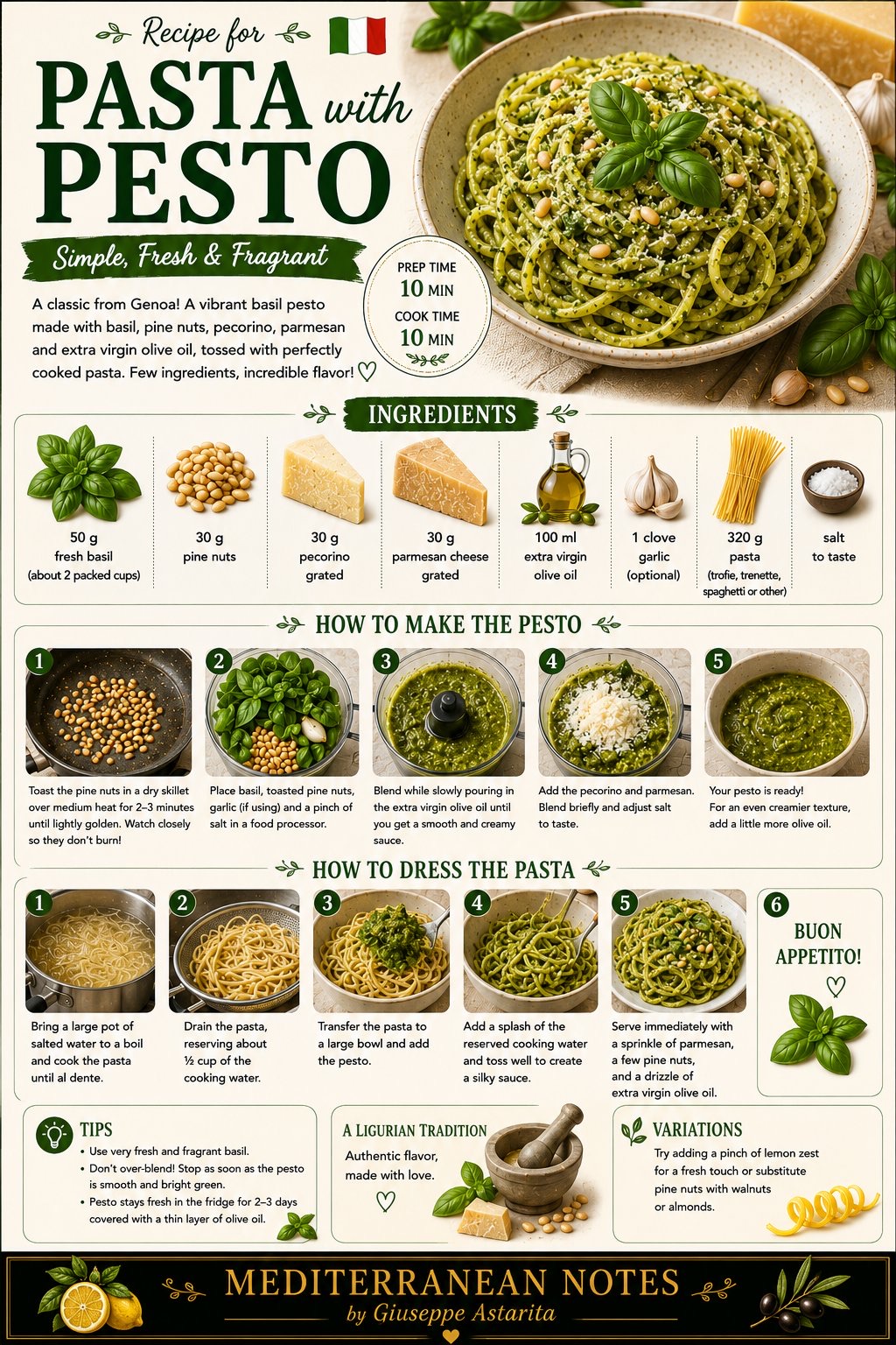 Pasta al pesto infographic — ingredients, how to make the pesto, and how to dress the pasta