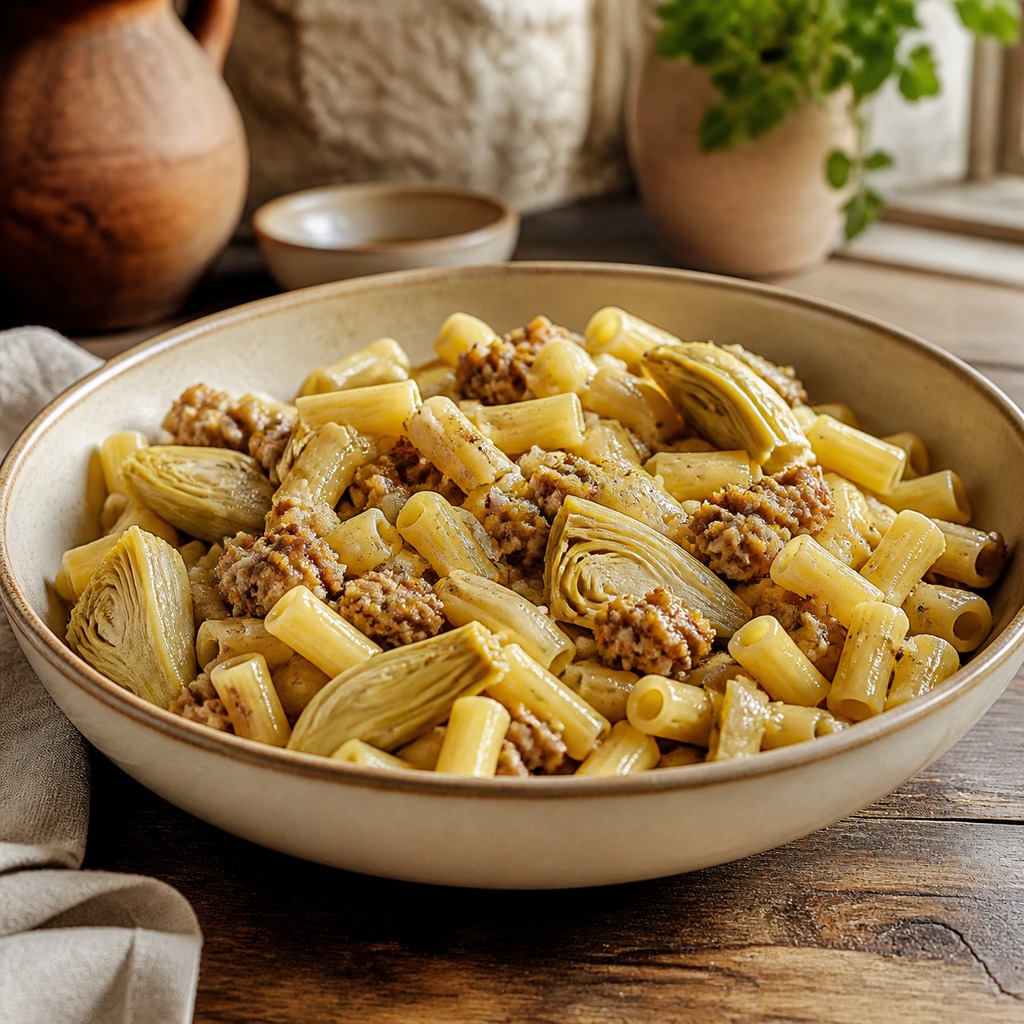 Pasta salsiccia, cipolla e carciofi