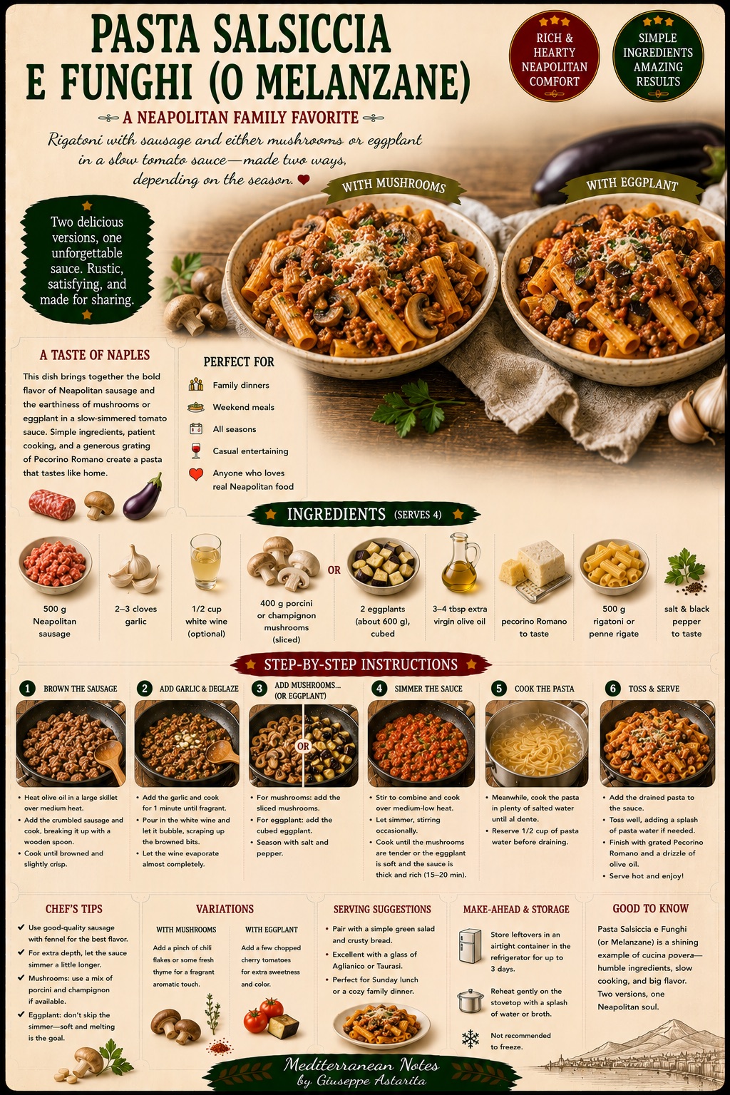 Pasta Salsiccia e Funghi (o Melanzane) — infographic by Giuseppe Astarita