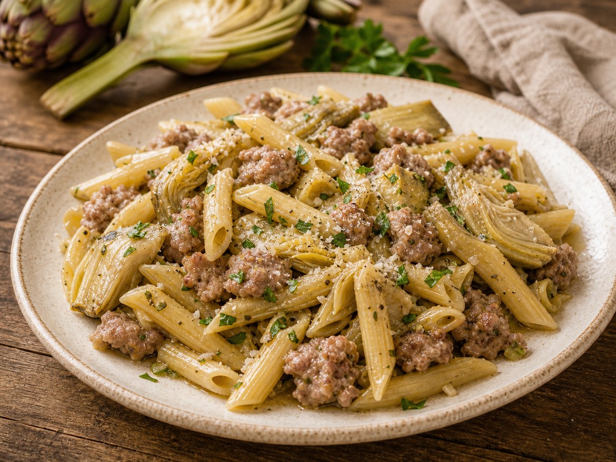 Penne sausage and artichokes