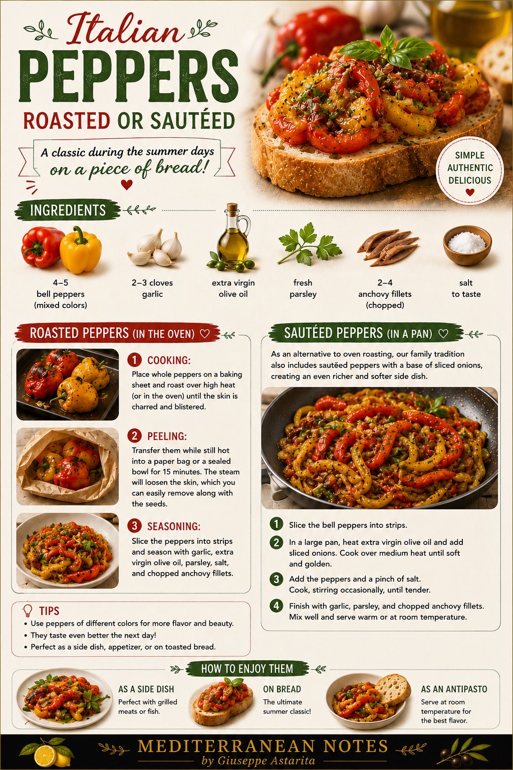 Italian roasted and sautéed peppers infographic — ingredients, method, and tips