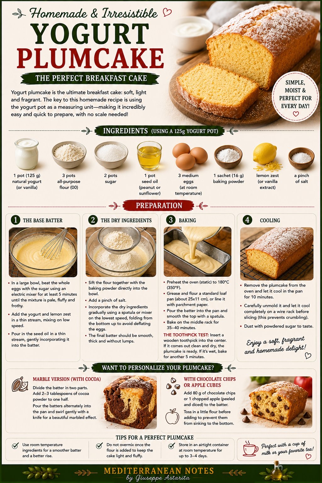 Yogurt plumcake infographic — ingredients and preparation steps