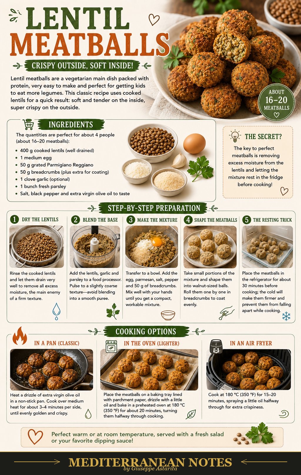 Polpette di lenticchie infographic — ingredients, step-by-step preparation, and cooking options