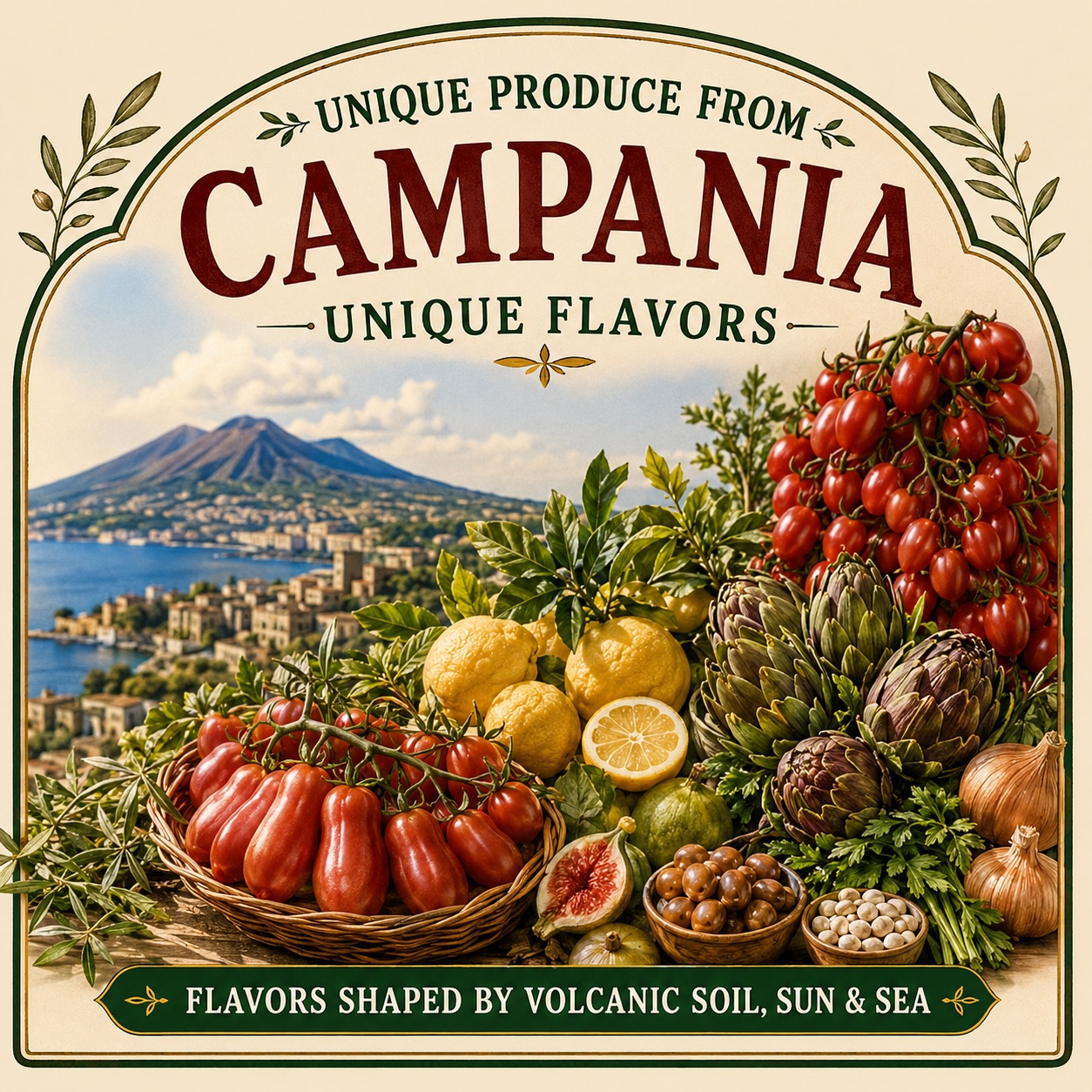 The agricultural treasures of Campania — Vesuvius in background with San Marzano tomatoes, artichokes, lemons, and hazelnuts