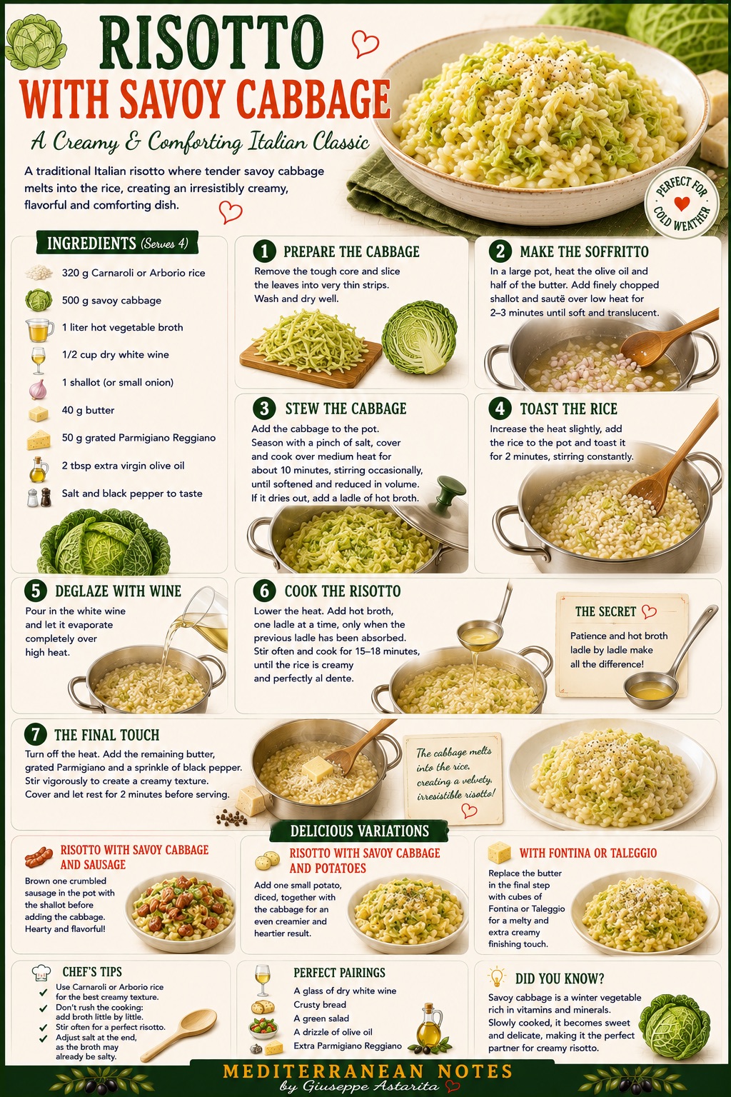 Risotto con verza — cabbage cooks into the rice, mantecatura finishes it