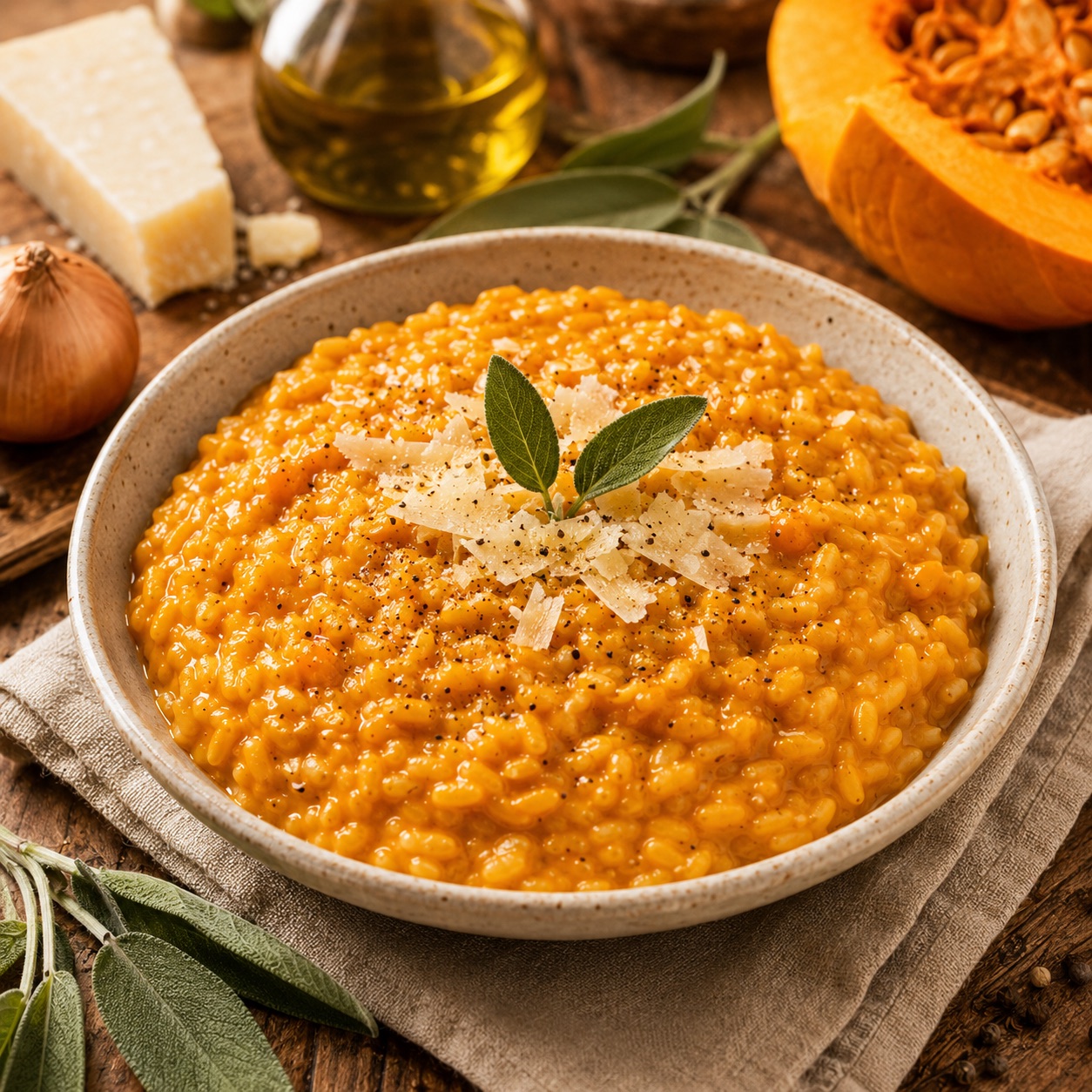 Risotto di zucca — creamy orange pumpkin risotto in a ceramic bowl with shaved Parmigiano and fresh sage