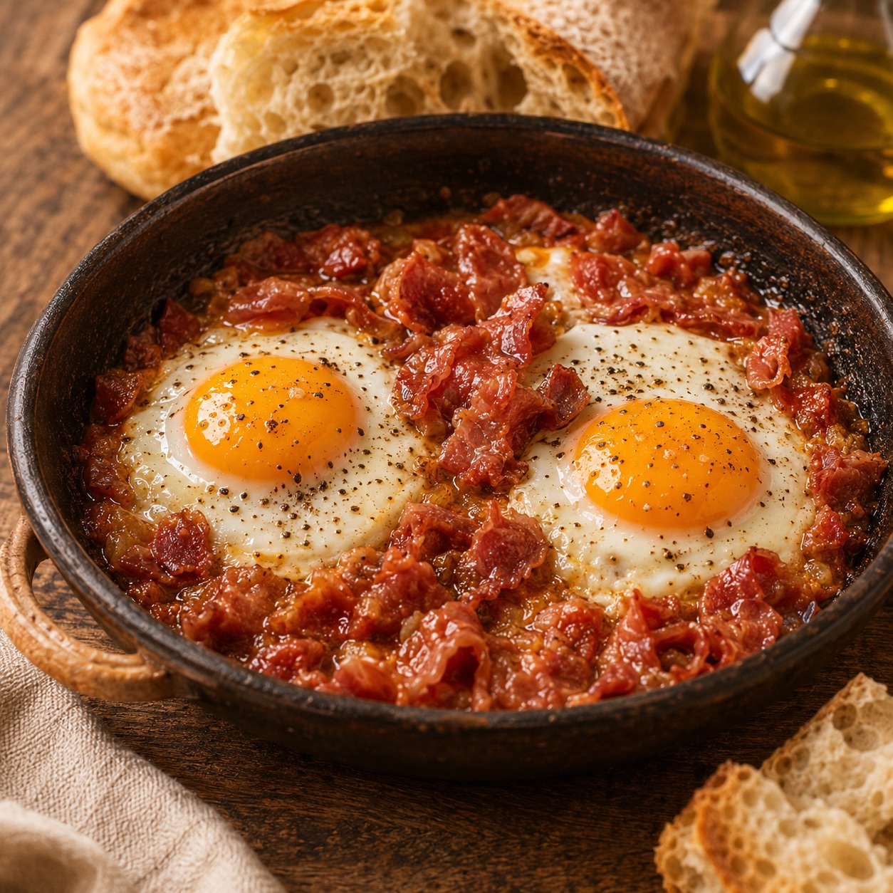 Two fried eggs in a small iron pan over crispy rendered prosciutto trimmings, bread on the side for the scarpetta