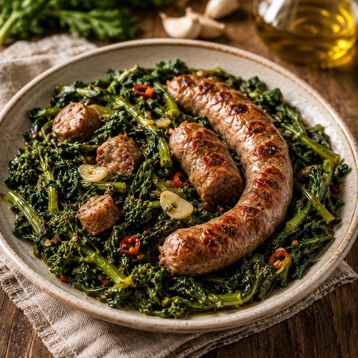 Salsiccia e friarielli — browned Neapolitan sausage over dark sautéed friarielli with garlic and chili on a ceramic plate
