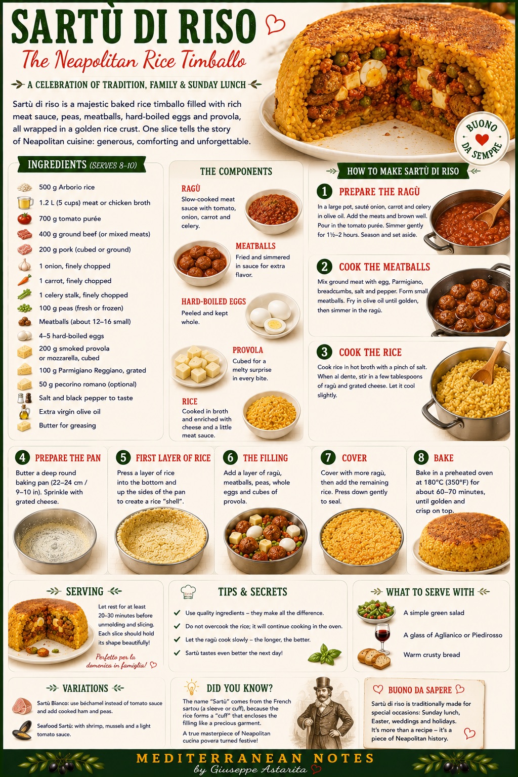 Sartù di riso — golden rice dome, ragù, meatballs, eggs, provola inside