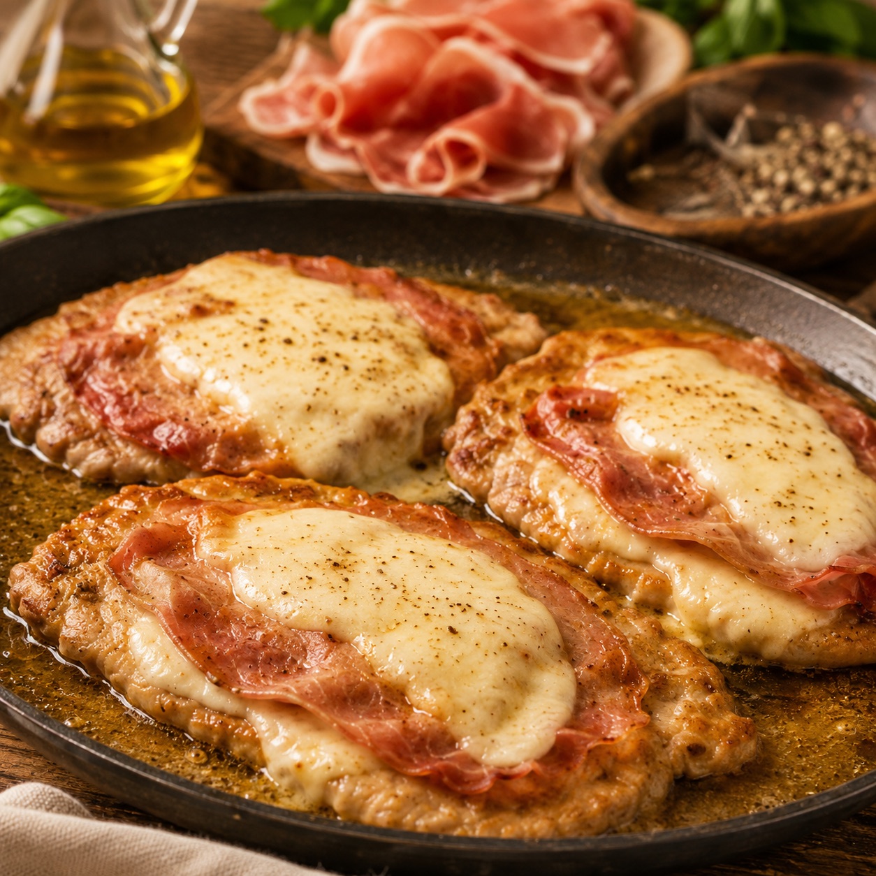 Three veal cutlets each topped with prosciutto and melted mozzarella in a pan with their juices
