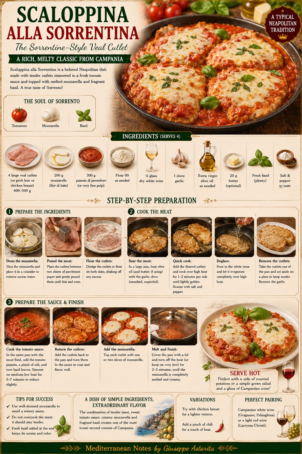 Scaloppina alla Sorrentina — step by step infographic, Mediterranean Notes