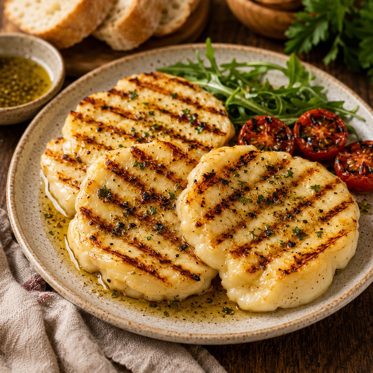 Scamorza alla griglia — thick slices with charred grill marks, oozing at the edges, roasted cherry tomatoes and arugula alongside
