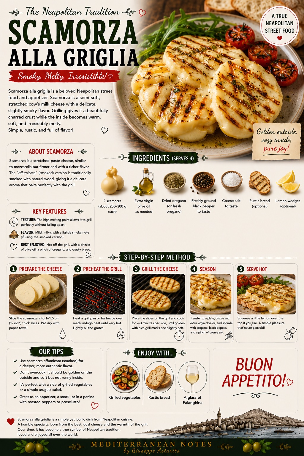 Scamorza alla griglia — infographic with key features, method, and serving suggestions, Mediterranean Notes by Giuseppe Astarita
