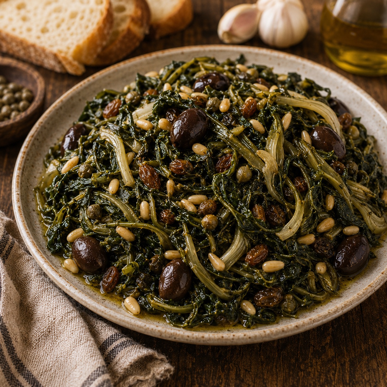 Plate of scarola affogata — dark cooked escarole with black olives, raisins, pine nuts and capers, crusty bread alongside