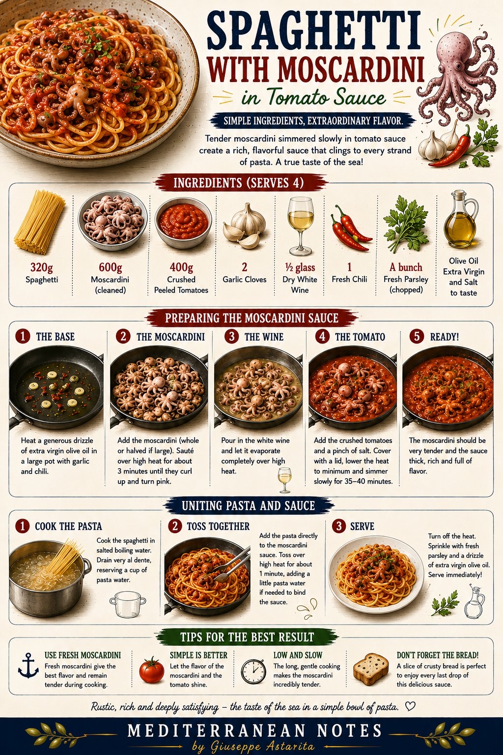Spaghetti with moscardini in tomato sauce infographic