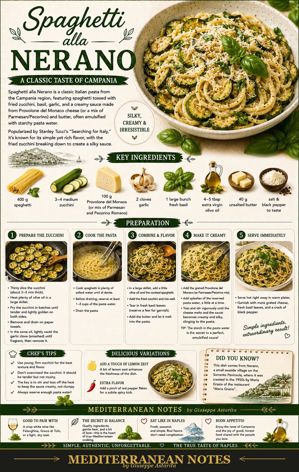 Spaghetti alla Nerano infographic — key ingredients and preparation