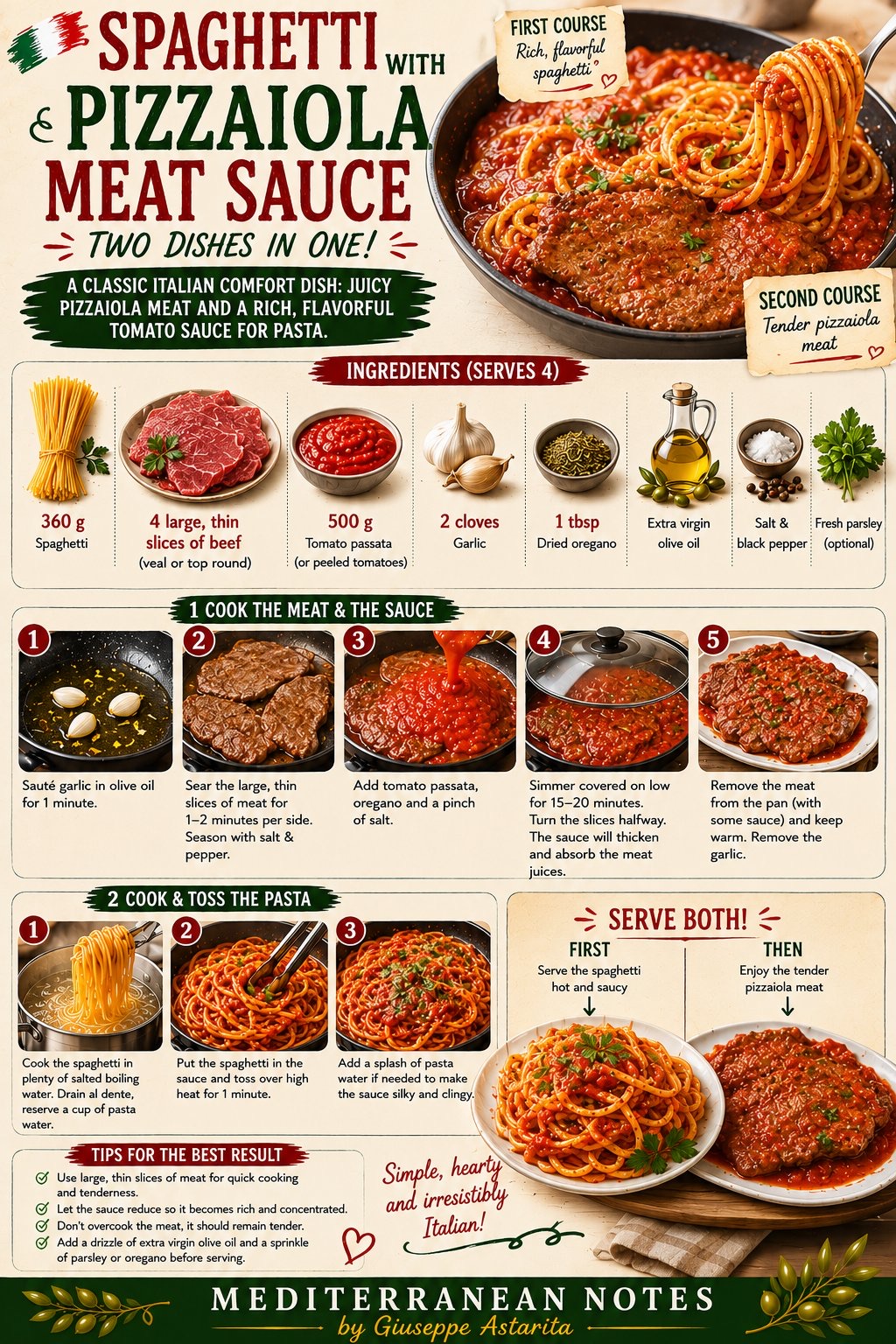Spaghetti with pizzaiola sauce — two dishes in one infographic