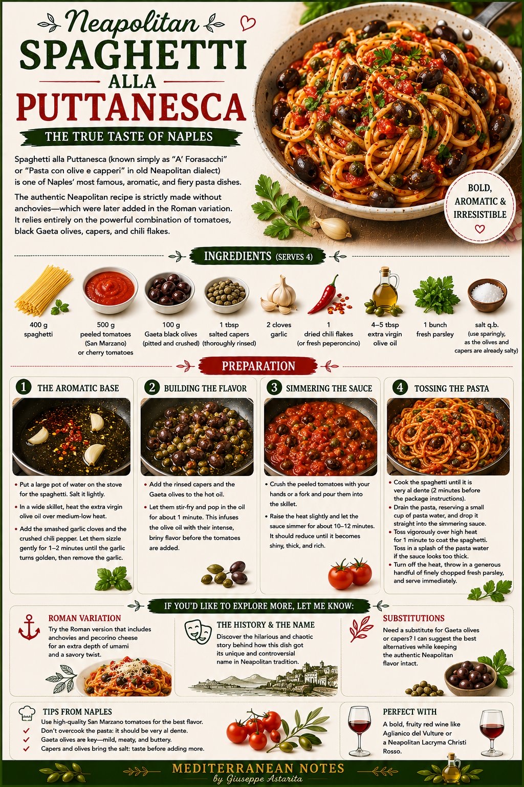 Spaghetti alla puttanesca infographic — ingredients and preparation