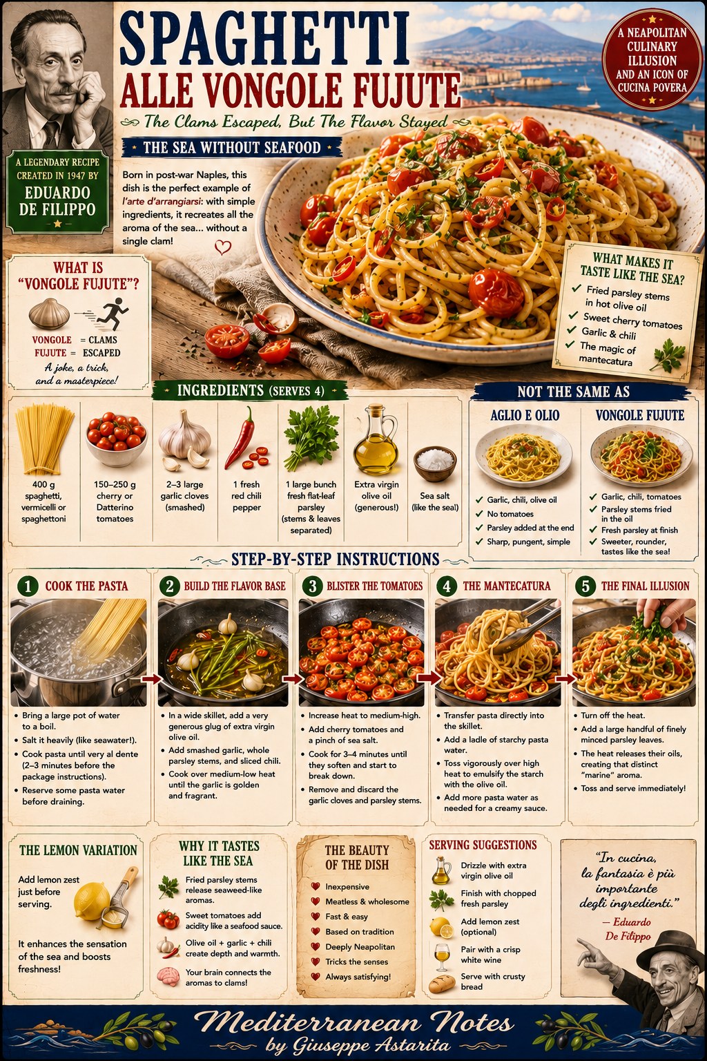 Spaghetti alle vongole fujute — Eduardo De Filippo's escaped clams, step by step infographic