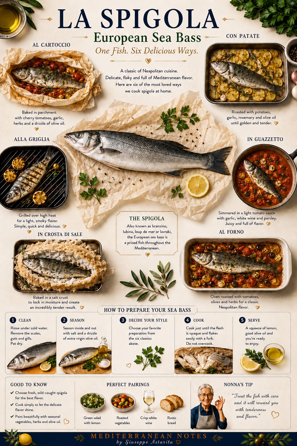 La Spigola — six Neapolitan preparations, infographic by Giuseppe Astarita