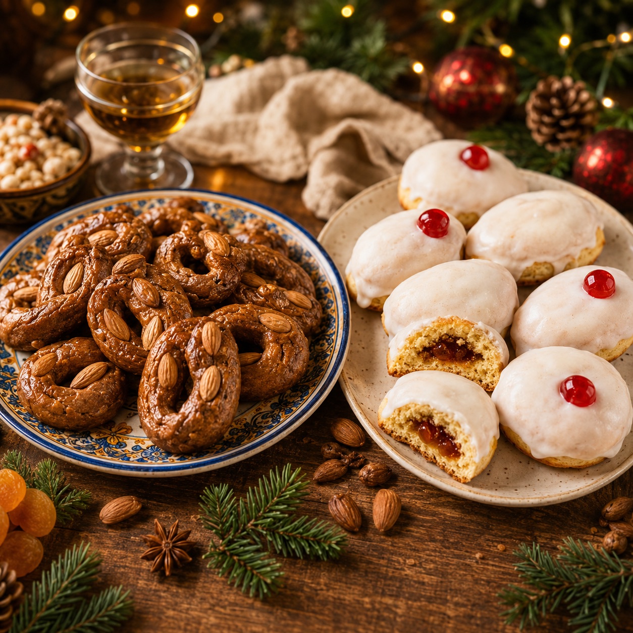 Susamielli and raffiuoli — S-shaped almond spice cookies and white-glazed oval sponge cakes on a Christmas table