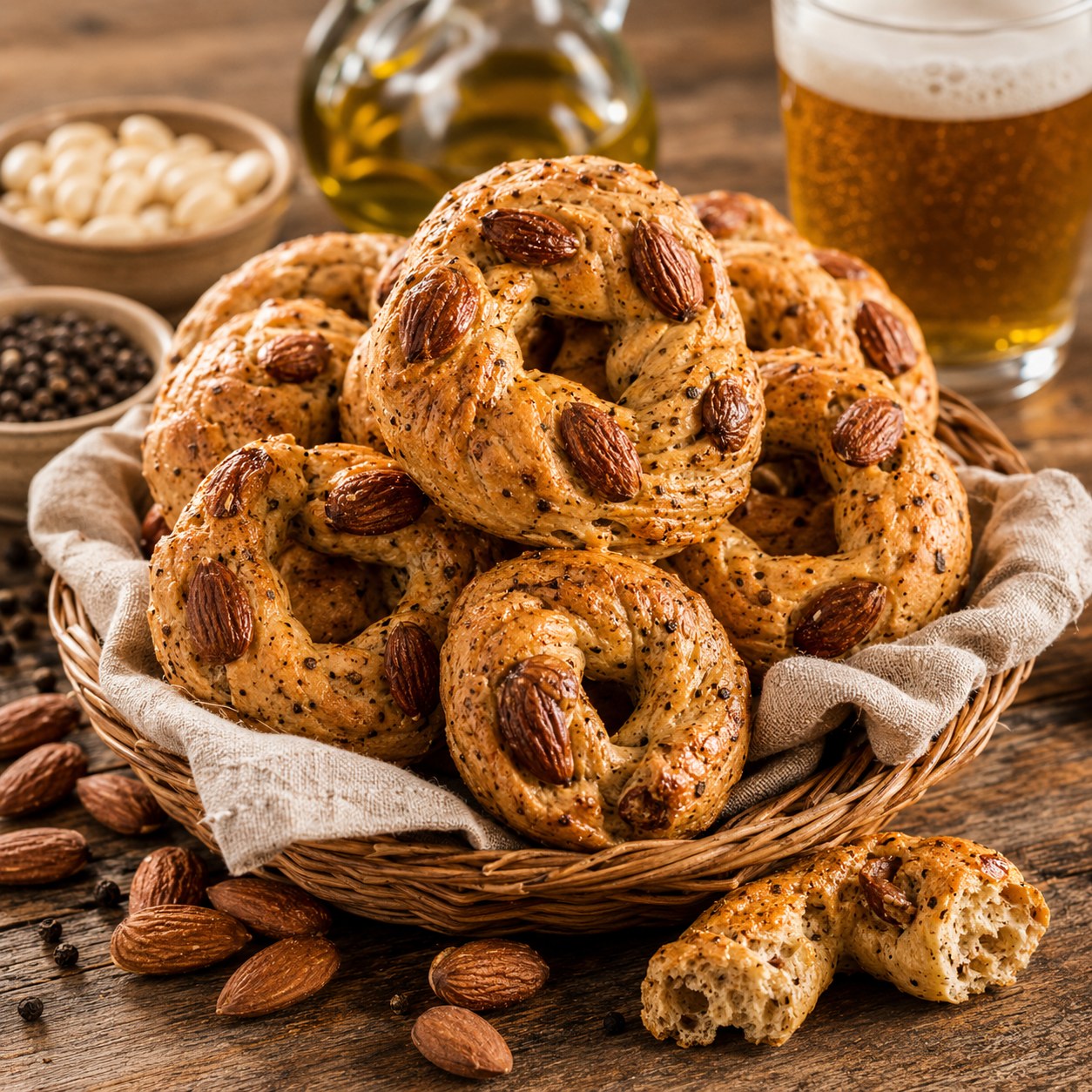 Tarallo napoletano in a basket with almonds and a cold beer alongside
