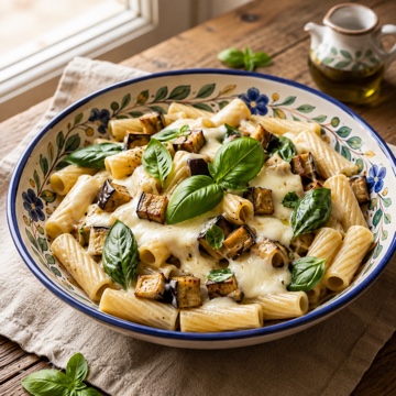 Pasta con melanzane e mozzarella in bianco