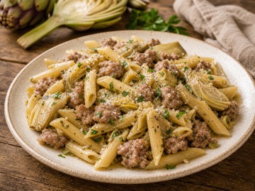 Penne sausage and artichokes