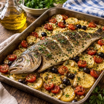 Spigola con patate al forno