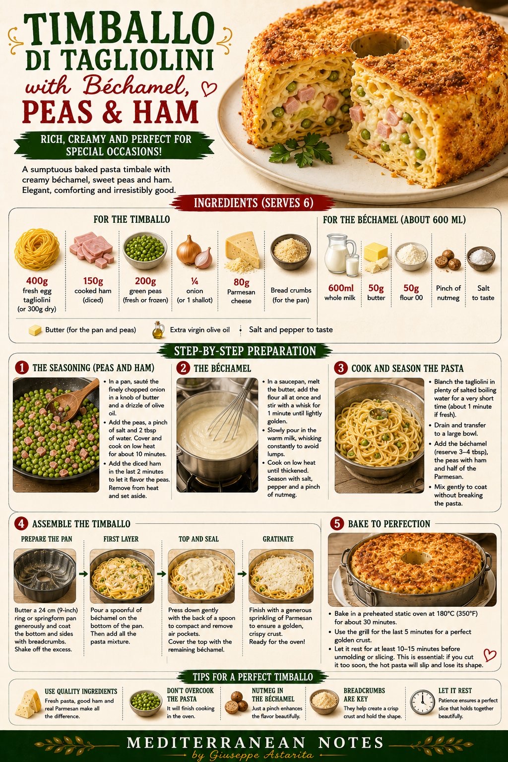 Timballo di Tagliolini with béchamel, peas and ham infographic