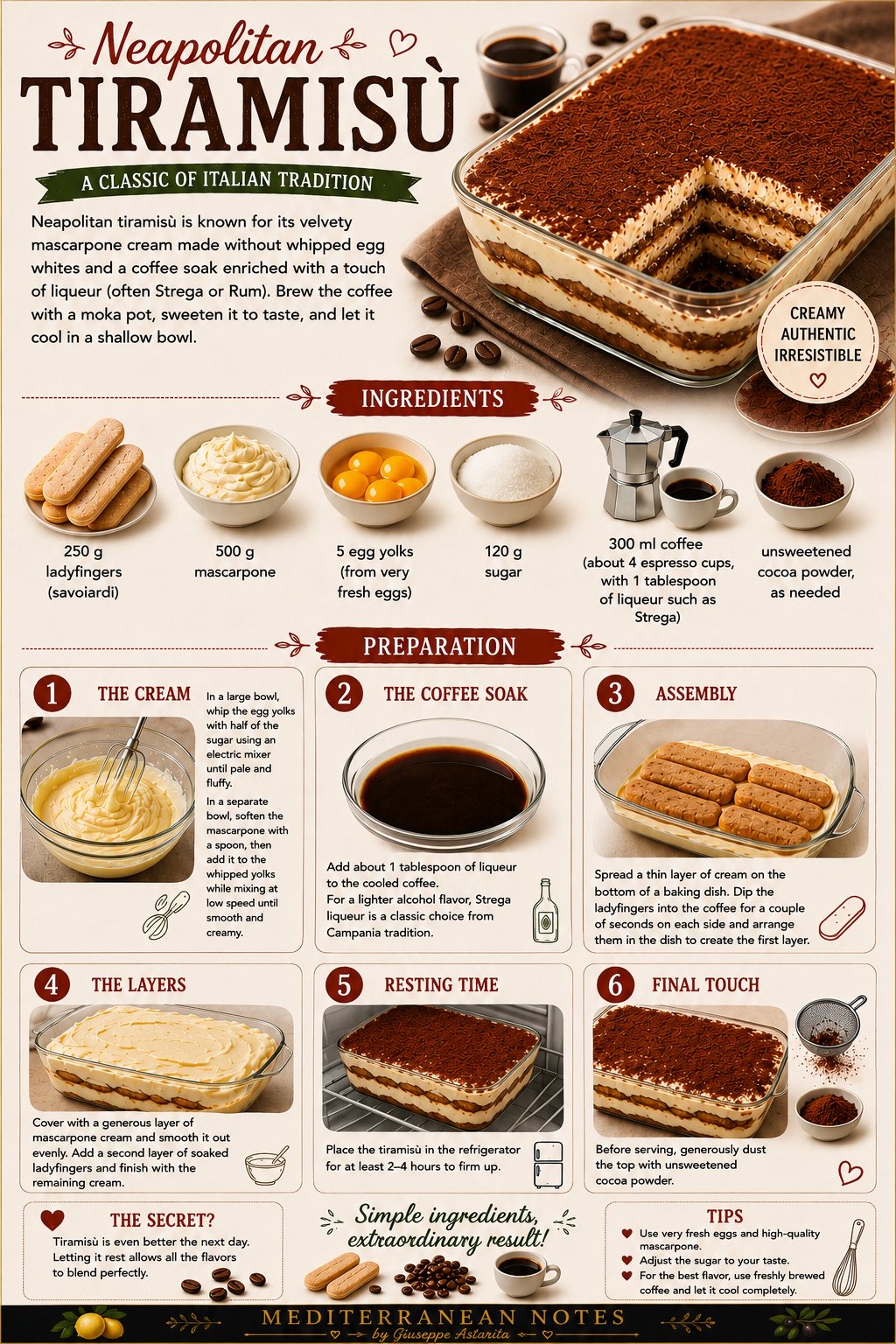 Neapolitan tiramisù infographic — ingredients, cream, assembly, and tips