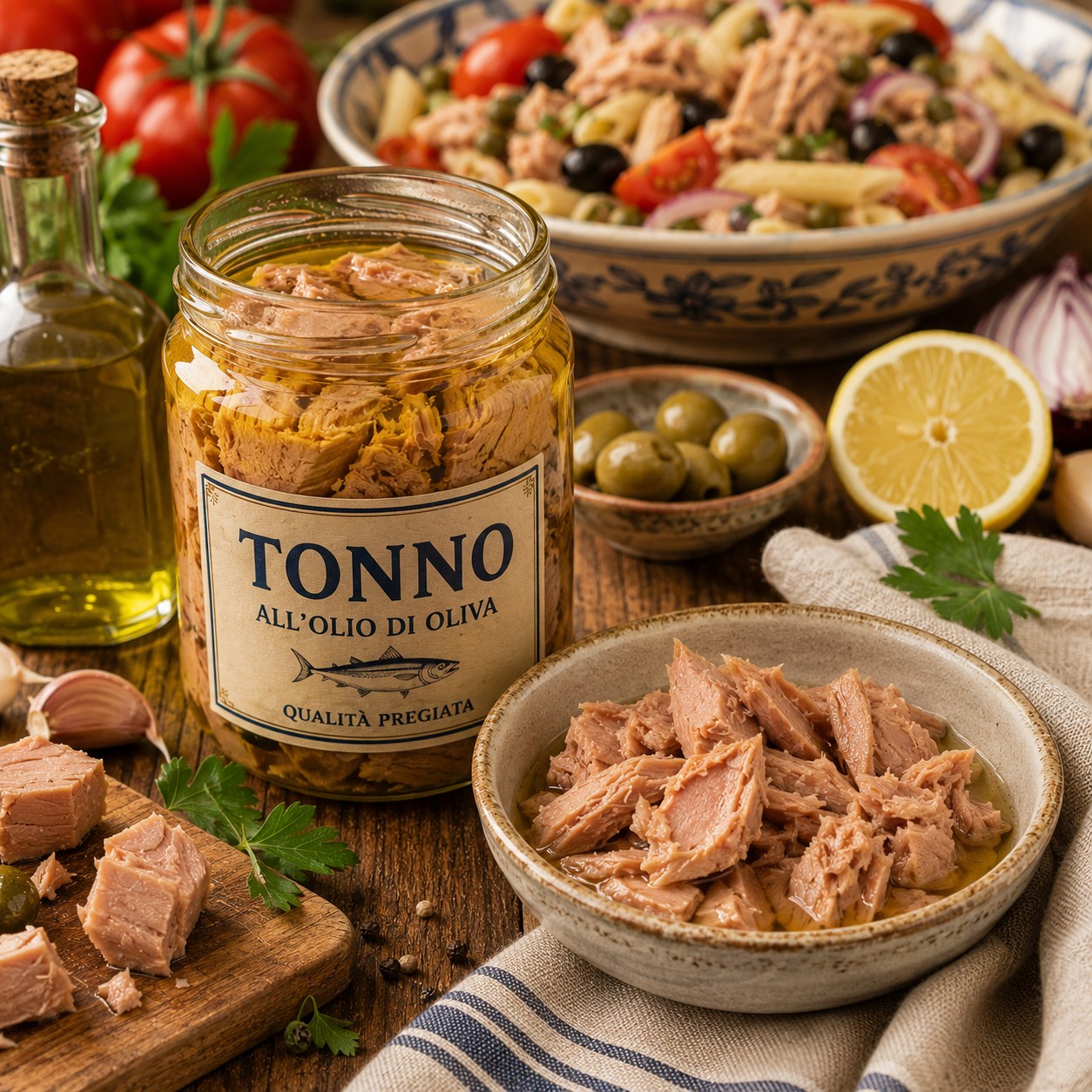 Tonno all'olio di oliva — glass jar of quality tuna in olive oil with Mediterranean ingredients