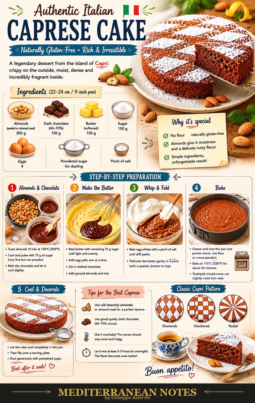 Torta Caprese infographic — ingredients, step-by-step preparation, and tips