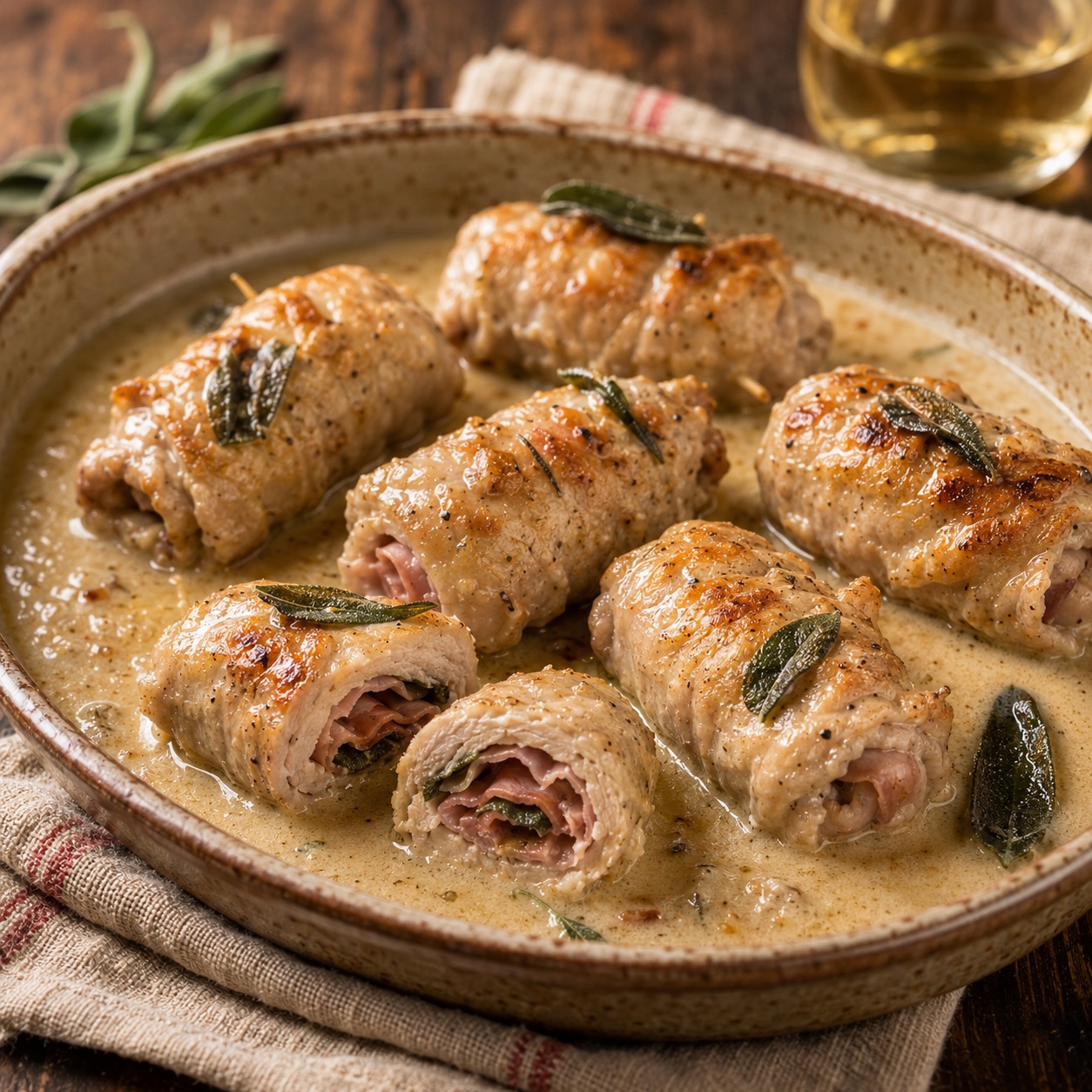 Uccelletti alla genovese in a pan — golden meat rolls in a pale creamy white wine sauce with sage leaves