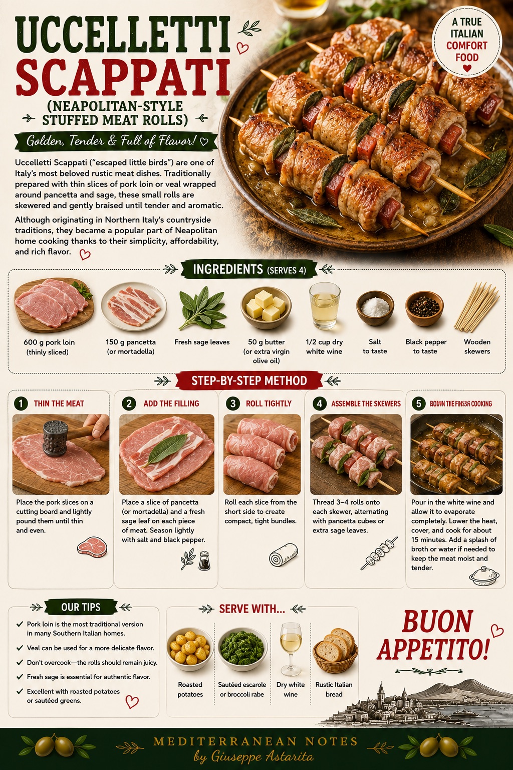 Uccelletti scappati — Neapolitan stuffed meat rolls on skewers, step-by-step infographic, Mediterranean Notes