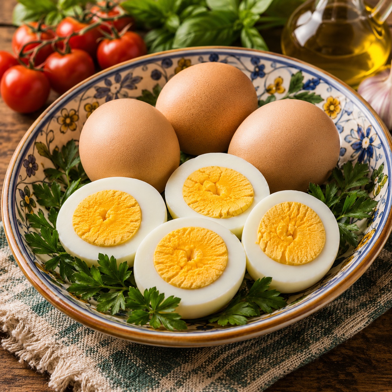 Uova sode in a ceramic bowl, some whole, some halved to show bright orange yolks, with parsley and tomatoes in background