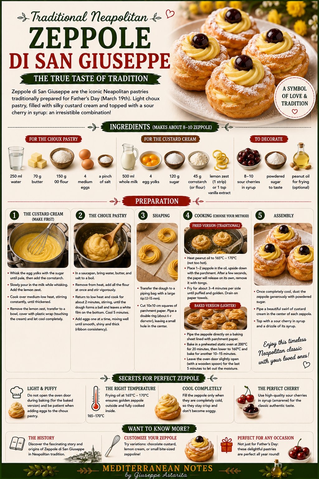 Zeppole di San Giuseppe infographic — choux pastry, custard cream, and assembly