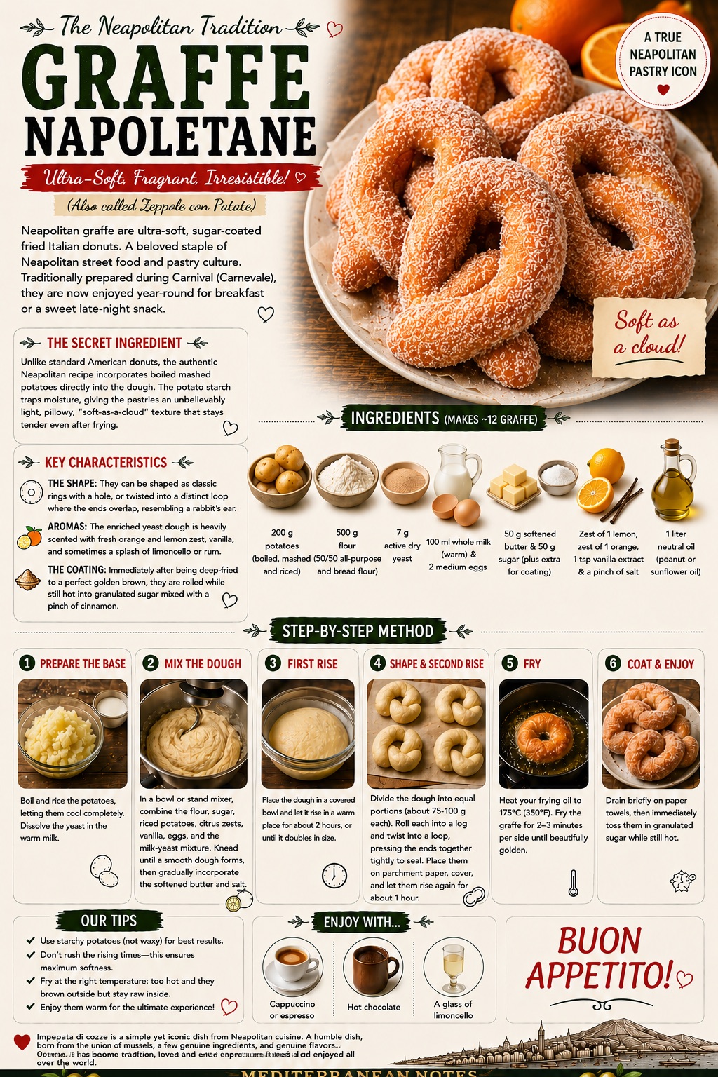 Graffe napoletane — step by step infographic showing the potato donut method, Mediterranean Notes
