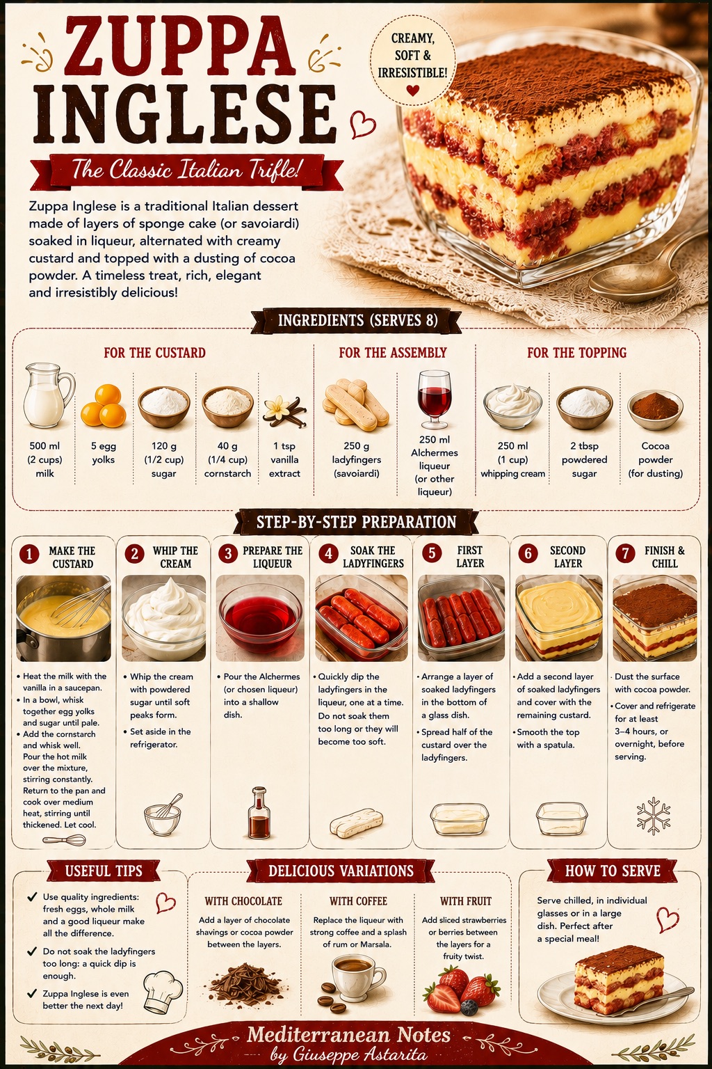 Zuppa inglese — ladyfingers, Alchermes, custard, whipped cream, cocoa