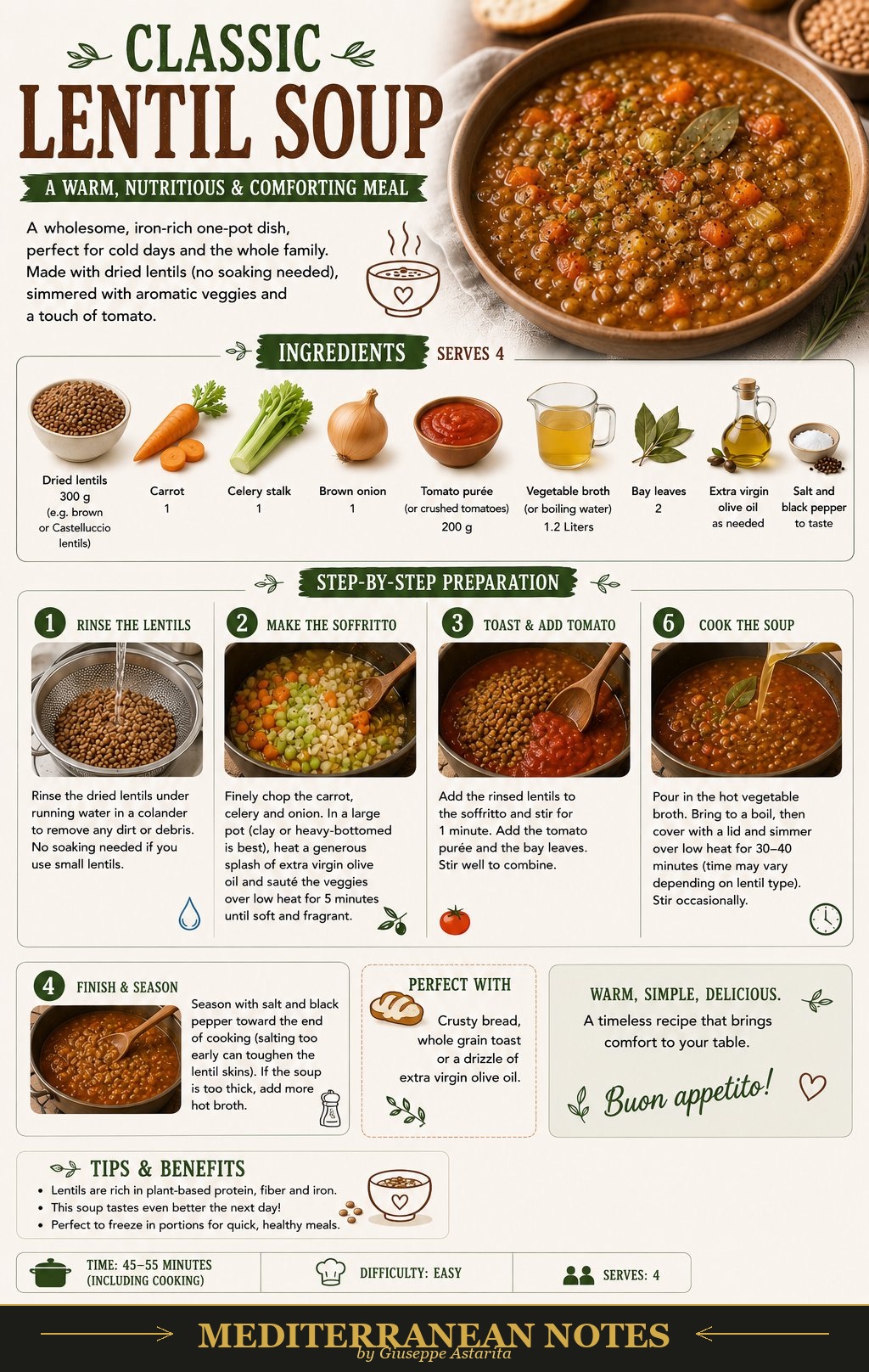 Lentil soup infographic — ingredients, step-by-step preparation, and tips